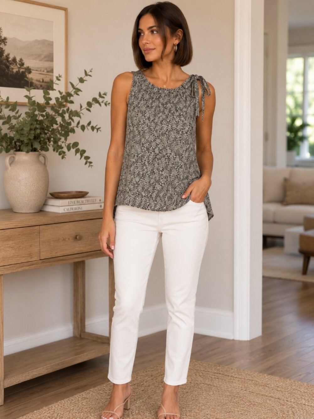 drianna Papell Gray Floral Shoulder Tie Sleeveless Top Size Small